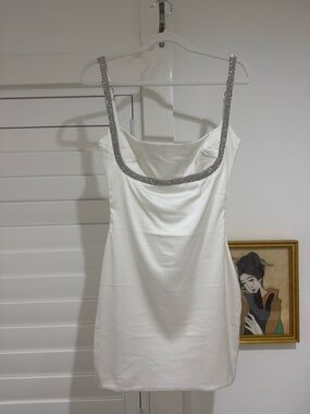 Oh Polly white satin mini Dress with rhinestones